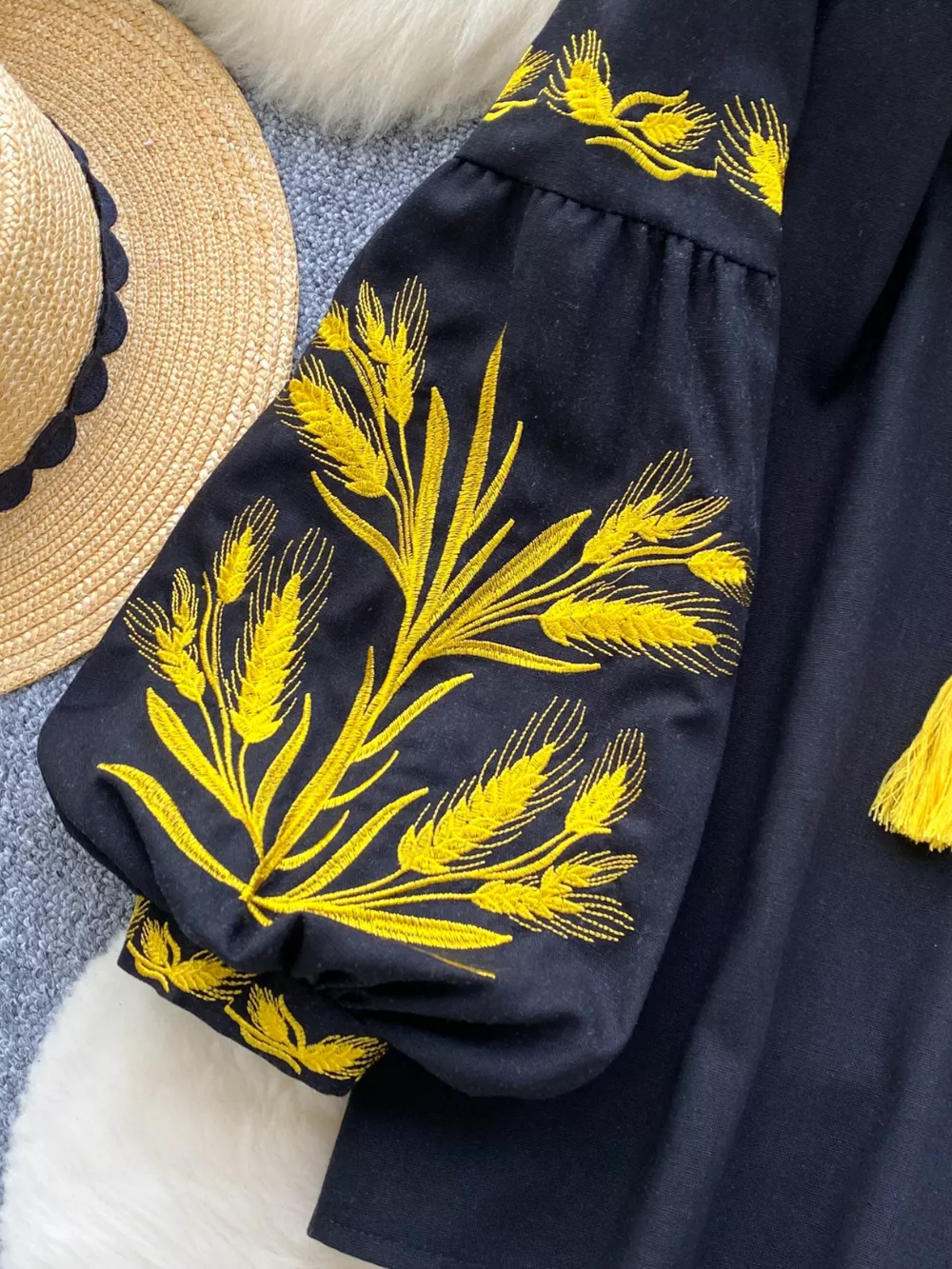 Embroidered Wheat Pattern Tie Neck Blouse, image 7