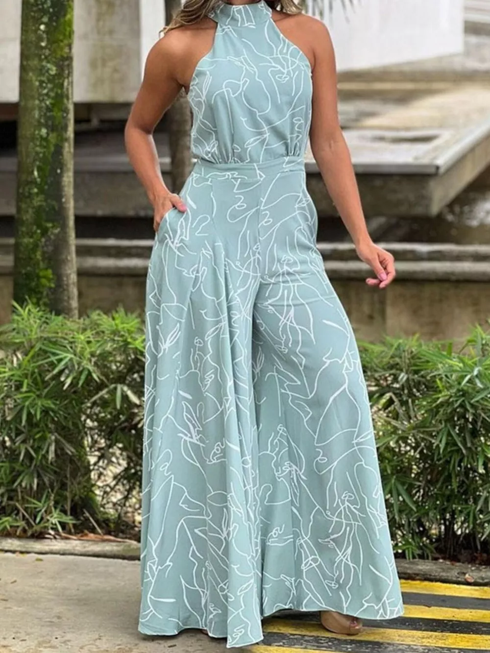 Halter Neck Abstract Print Wide Leg Jumpsuit, image 5
