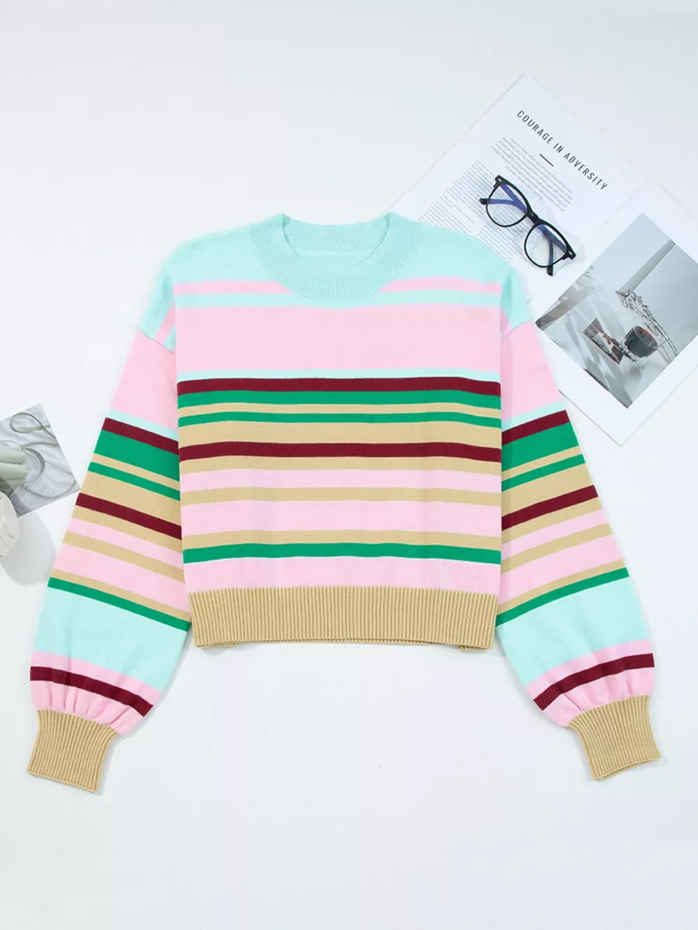 Multicolour Striped Knit Ribbed Trim Boxy Fit Cropped Sweater, image 6