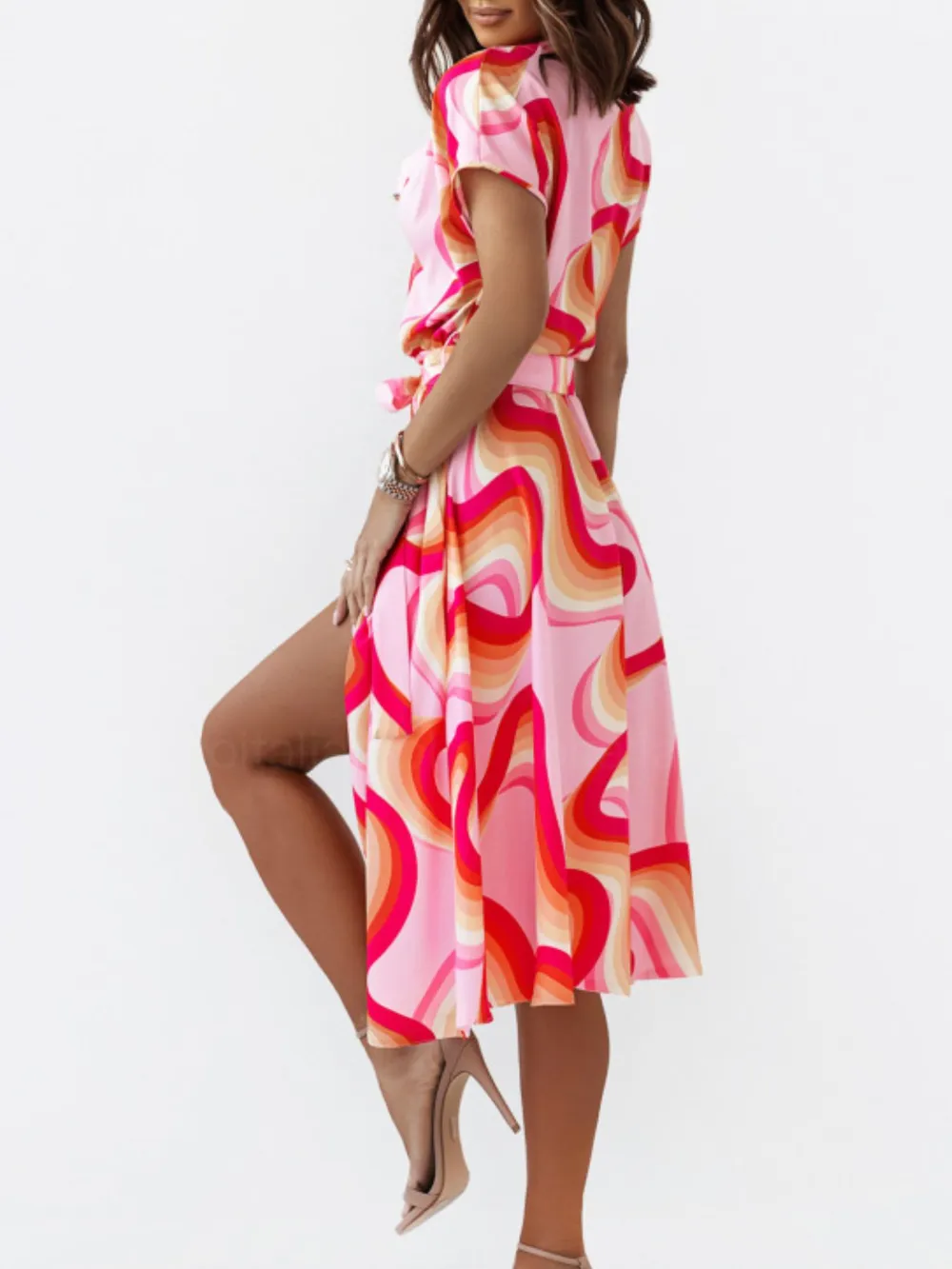 Printed Button Front Midi Dress with Belt, image 11