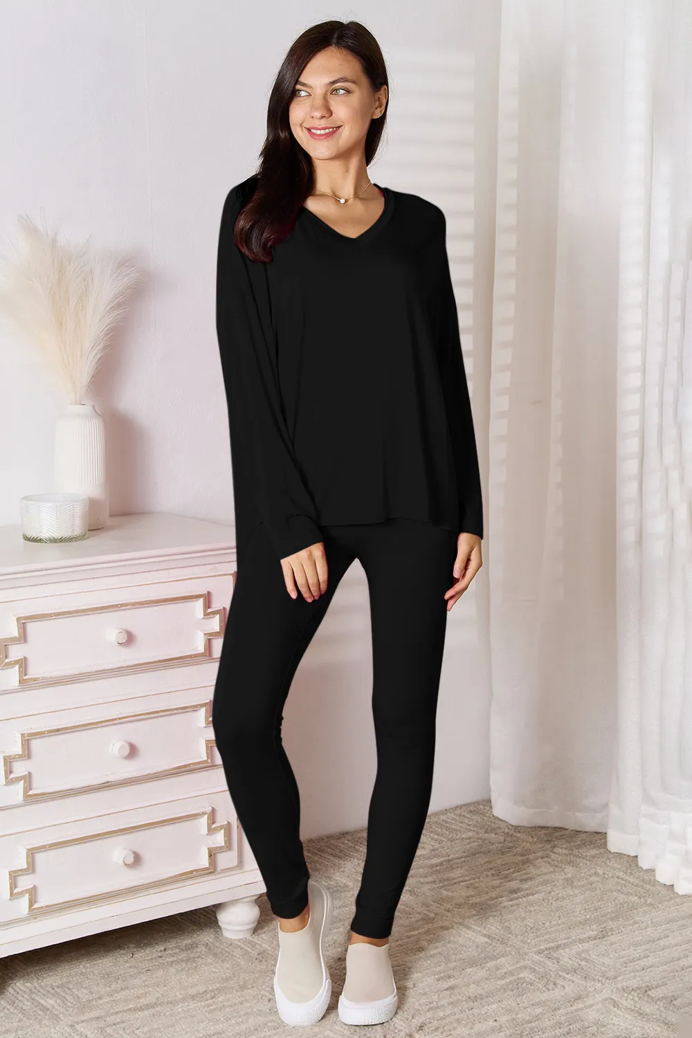 Bamboo Full Size V-Neck Long Sleeve Top and Pants Lounge Set, image 10