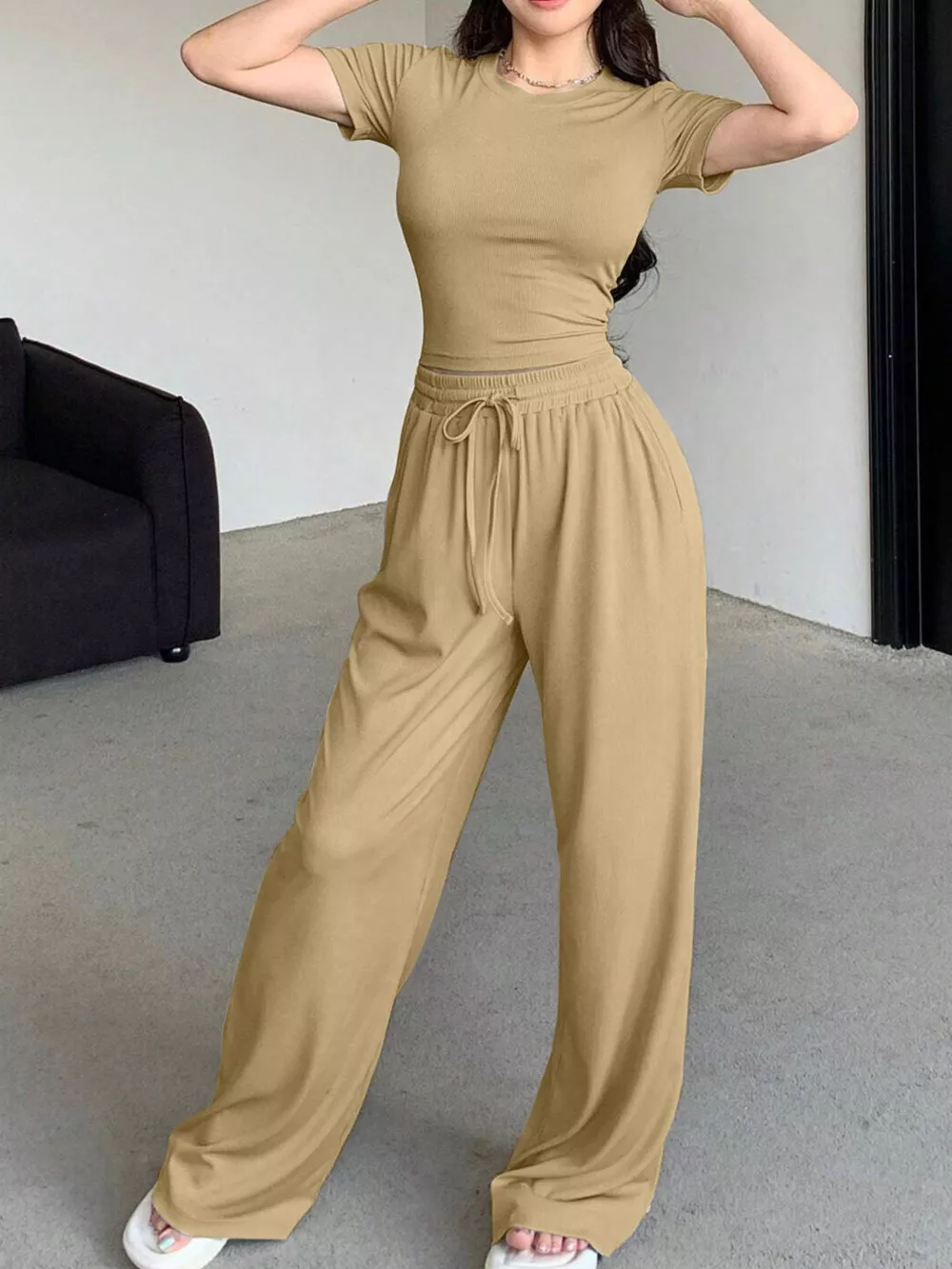 Solid Color Short Sleeve Crop Top and Wide Leg Pants Set, image 5