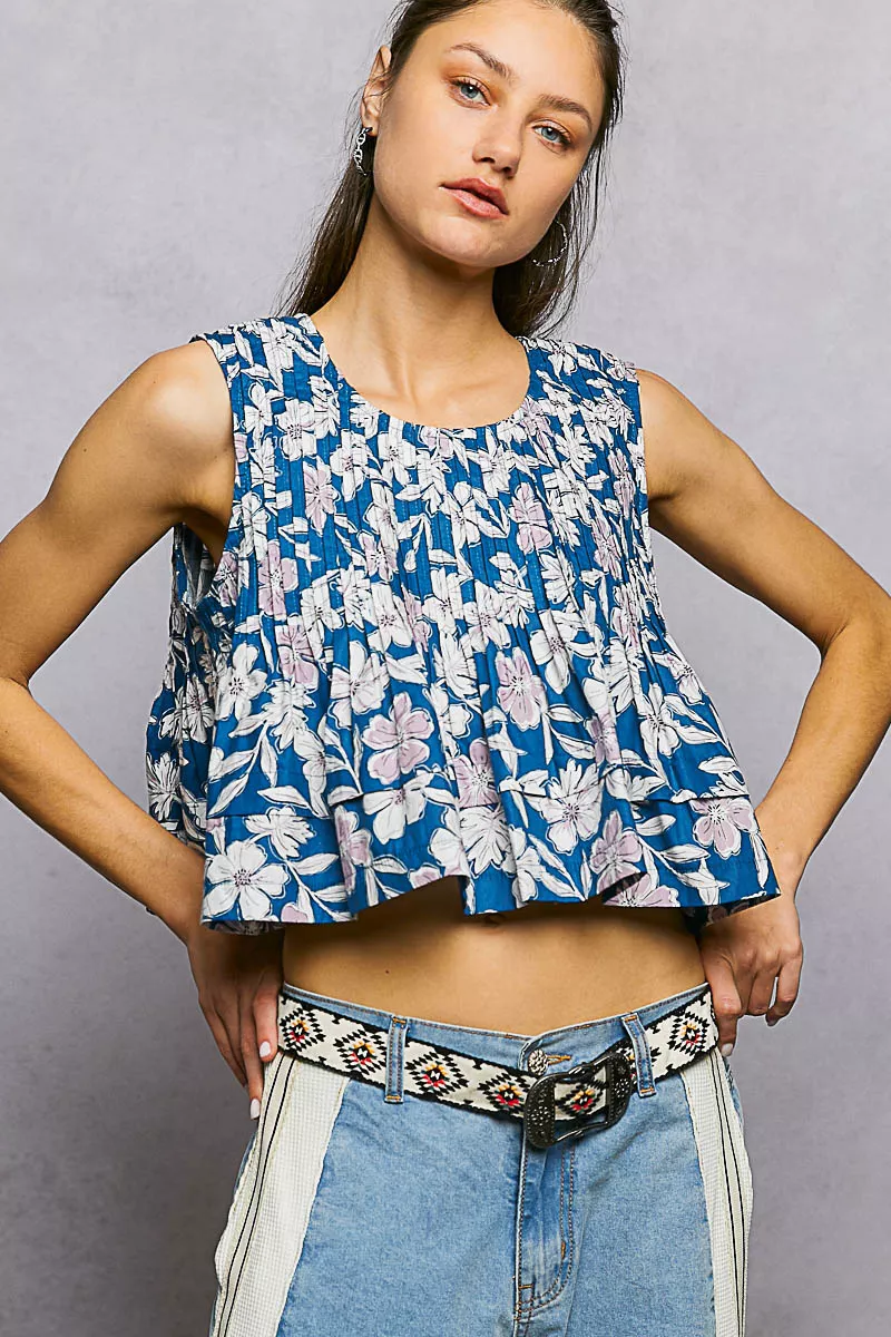 Floral Round Neck Cropped Pintuck Tank, image 2