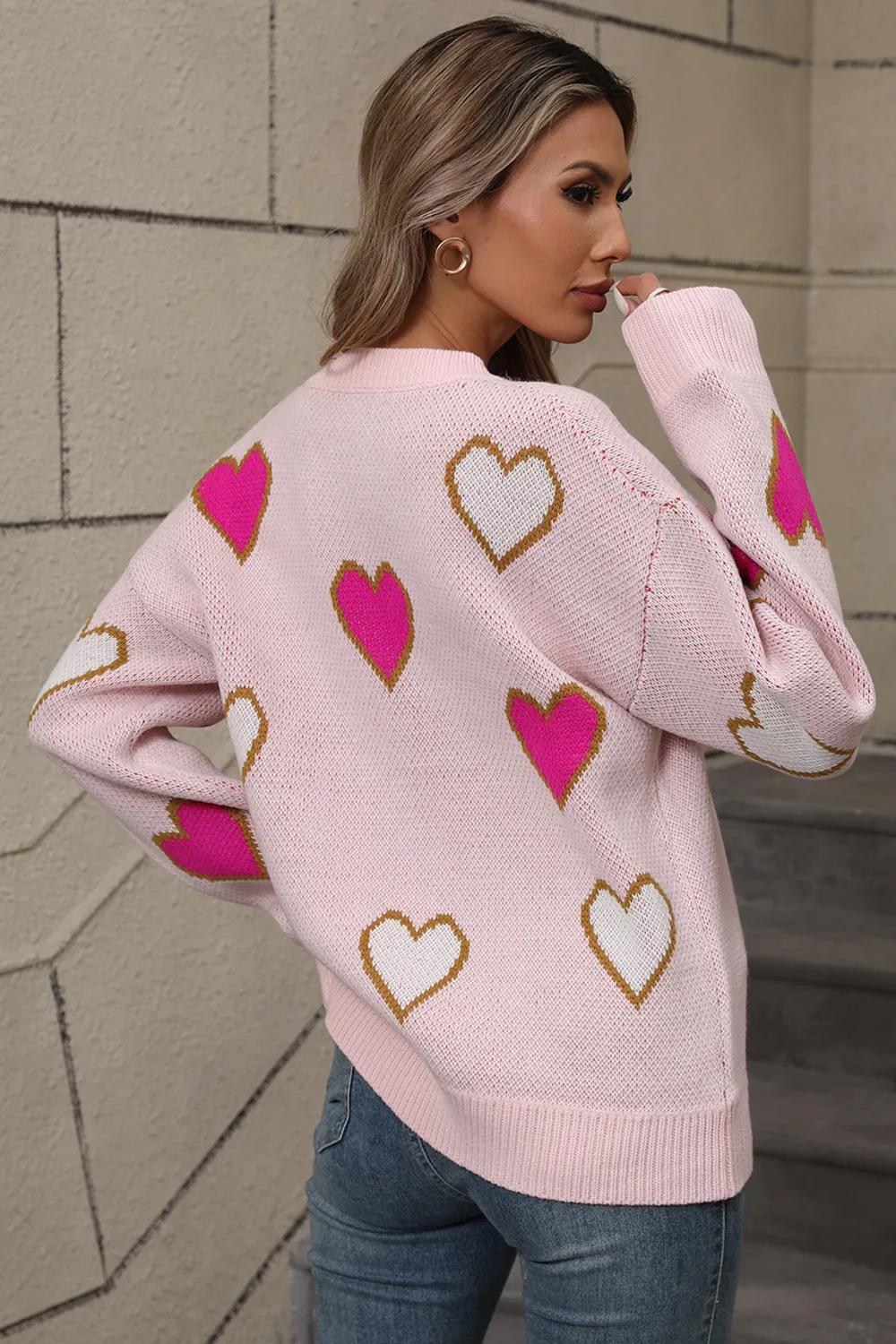 Contrast Heart Round Neck Long Sleeve Sweater, image 4