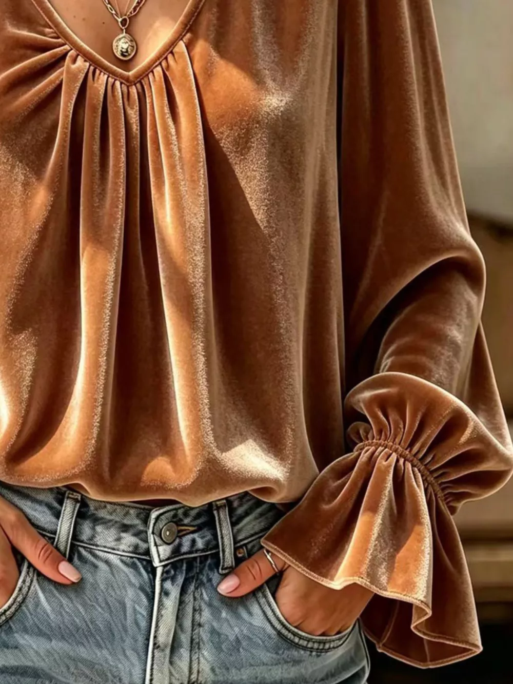 Full Size Ruched V-Neck Flounce Sleeve Blouse Plus Size, image 5