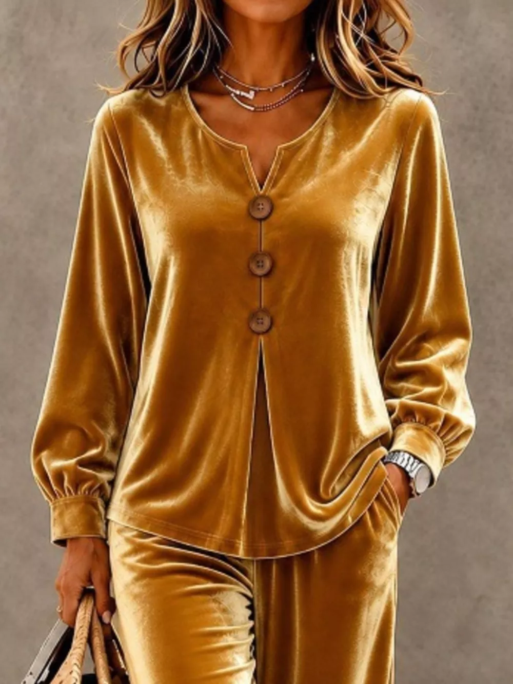 Elegant Velvet Decor-Button Top and Pants Set, image 6