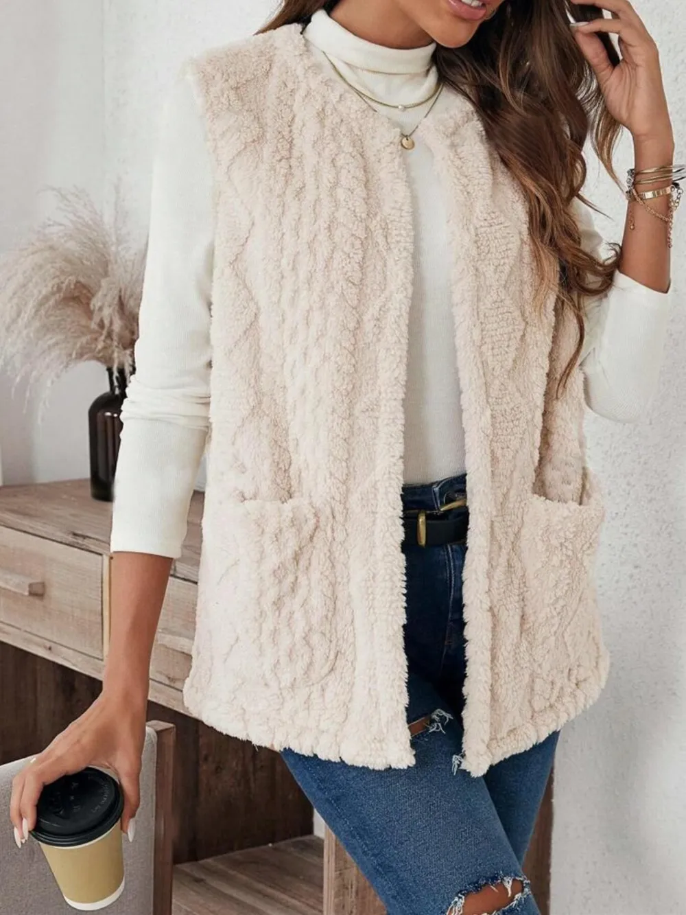 Fuzzy Open Front Vest with Pockets, image 3