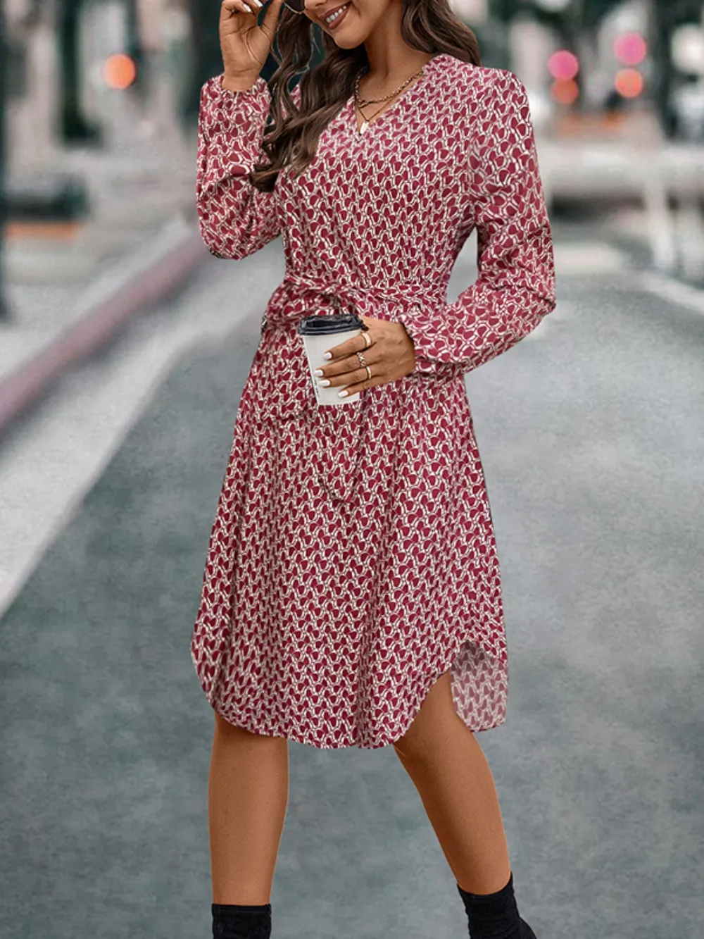 Tied Printed Notched Balloon Sleeve Dress, image 8