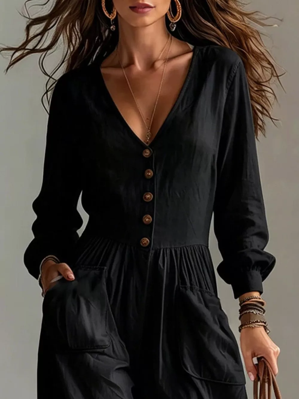 V-Neck Long Sleeve Button Front Wide-Leg Jumpsuit, image 4