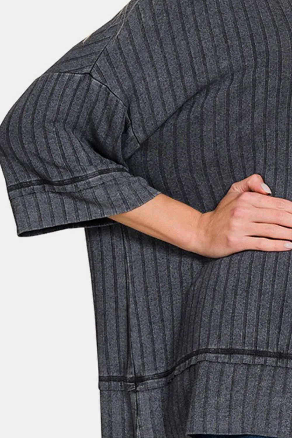 Washed Ribbed Drop Shoulder Half Sleeve Top, image 3