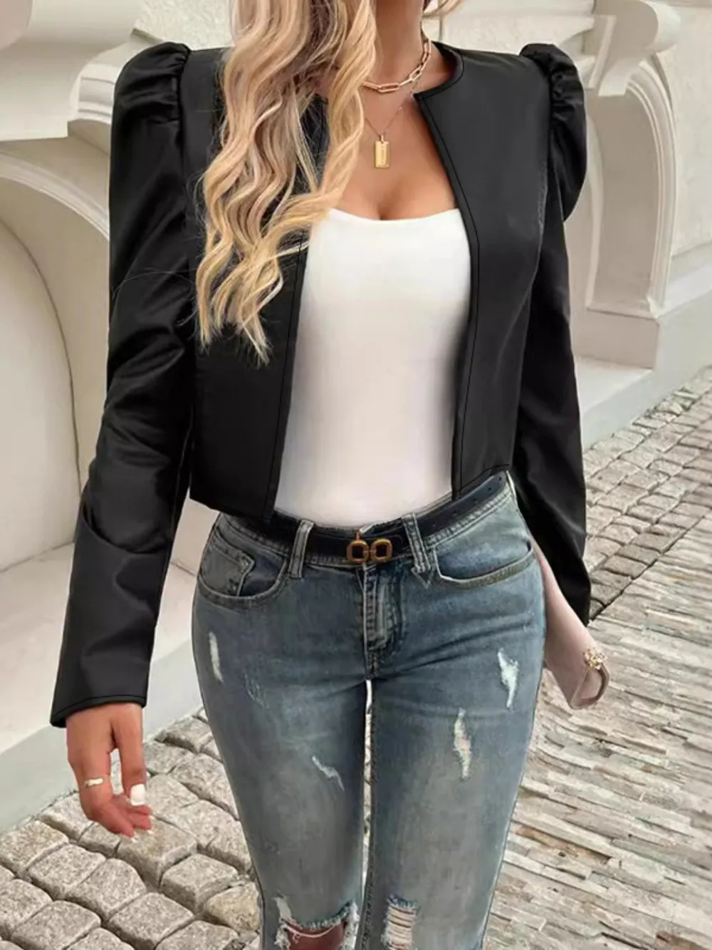 PU Leather Open Front Puff Sleeve Jacket, image 7