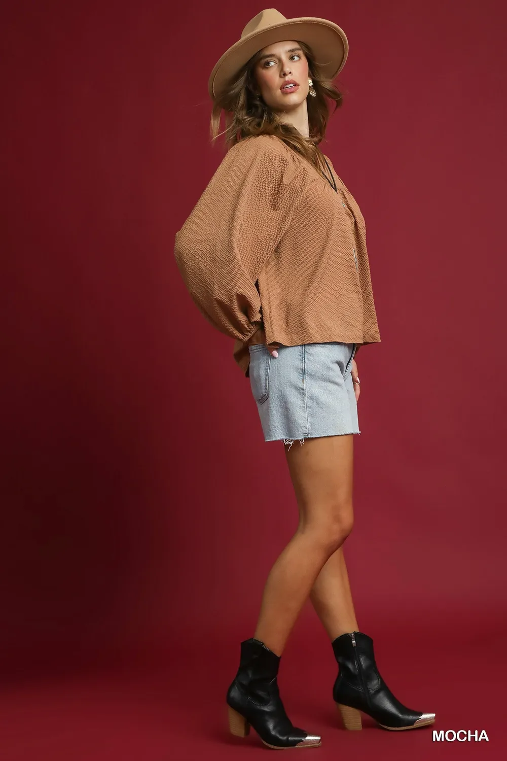 Textured Notched Blouse with Balloon Sleeves, image 4