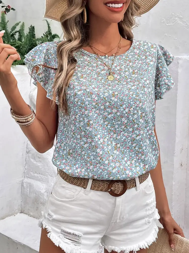 Ditsy Floral Round Neck Cap Sleeve Top, image 2