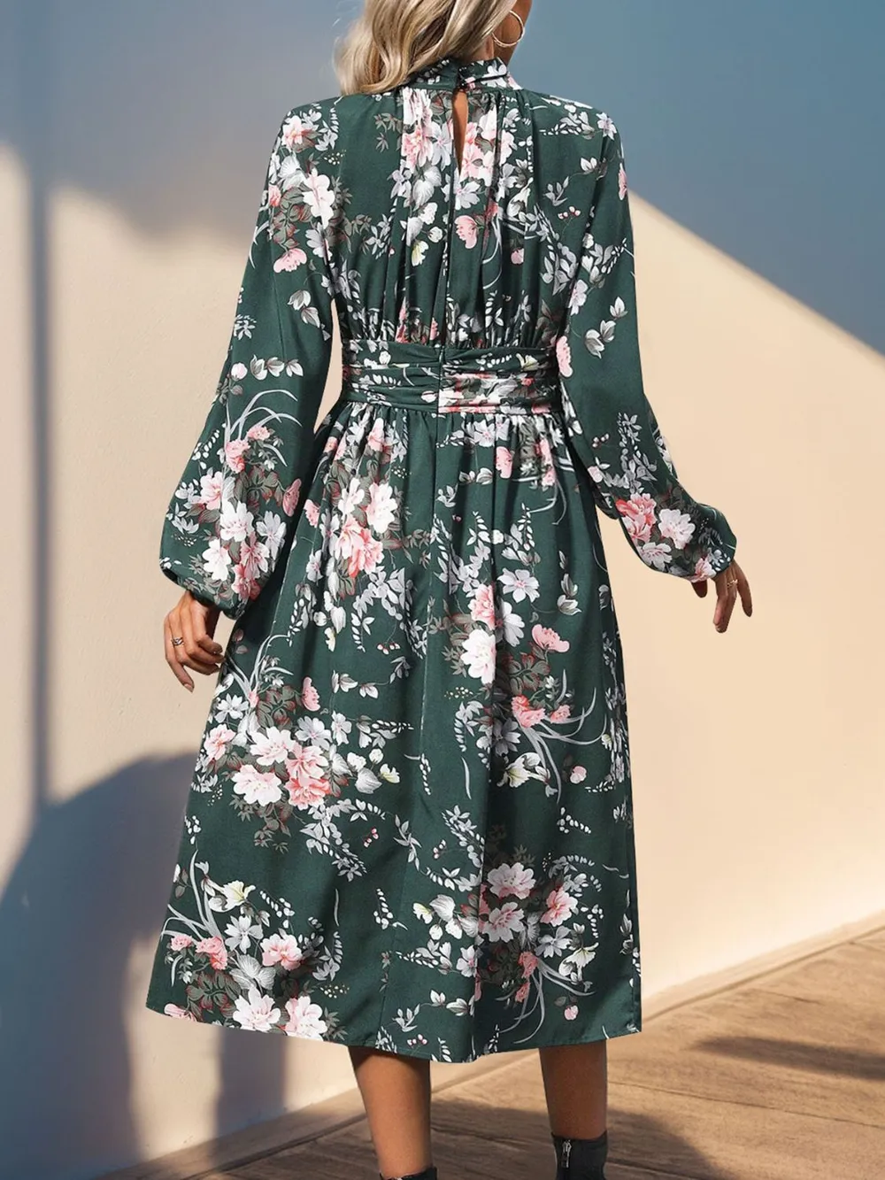 Ruched Printed Mock Neck Long Sleeve Midi Dress, image 4
