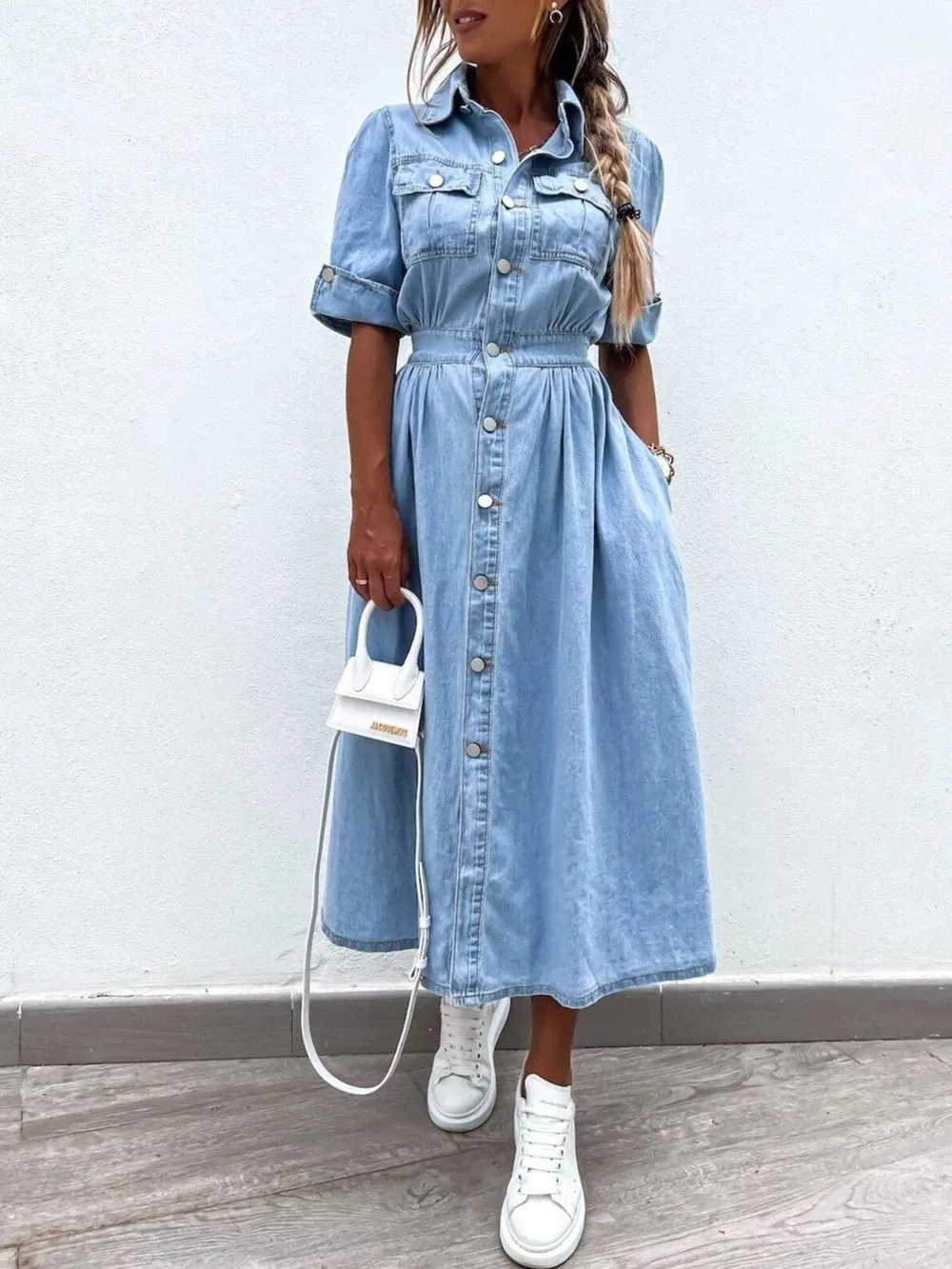 Full Size Button Down Roll-Up Sleeve Denim Shirt Dress Plus Size, image 3