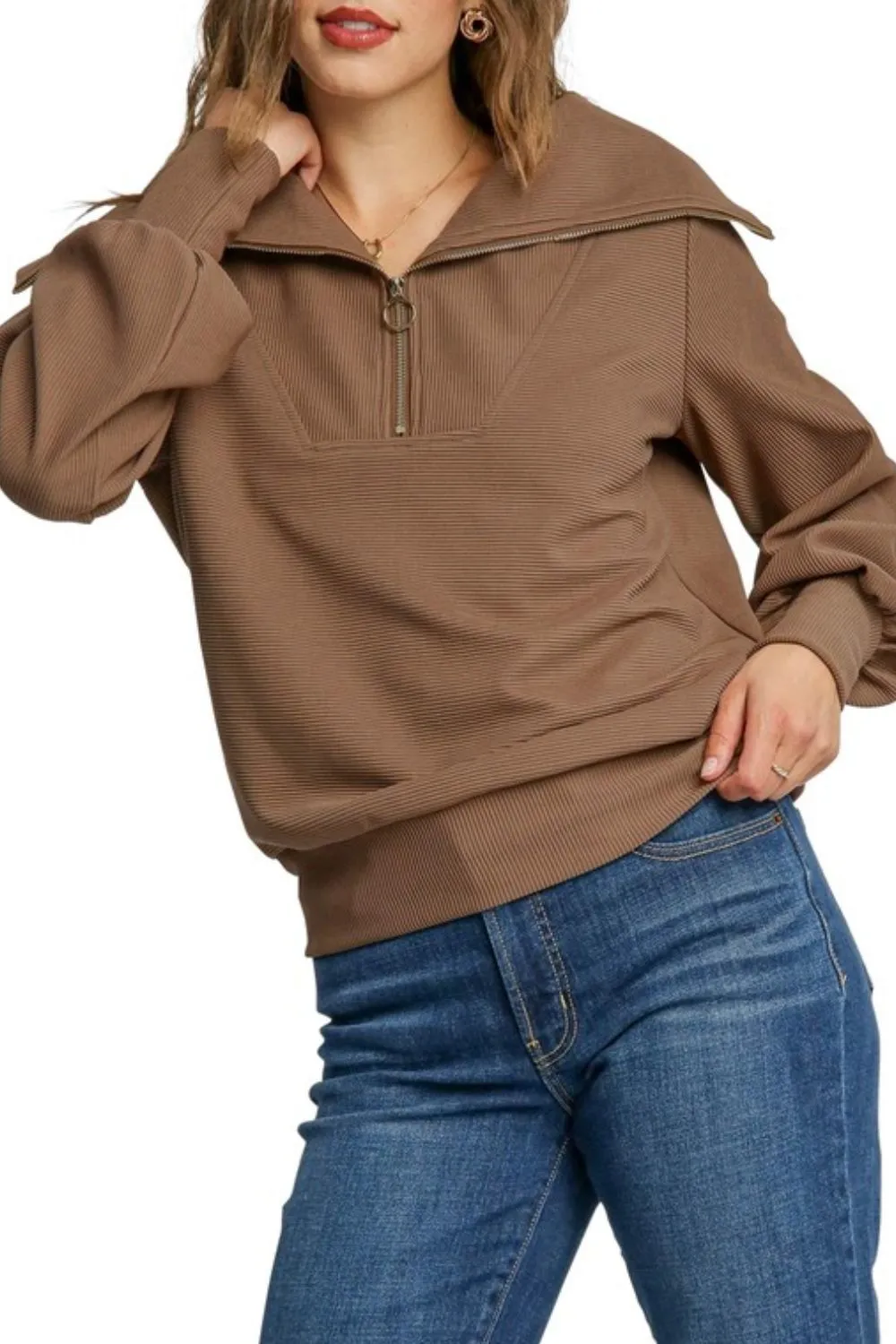 Full Size Ribbed Knit Half Zipper Sweatshirt Plus Size, image 2