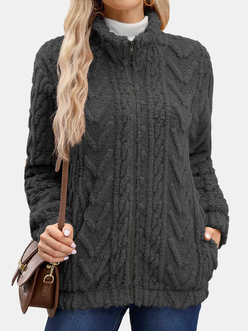 Fuzzy Zip Up Long Sleeve Jacket, image 5