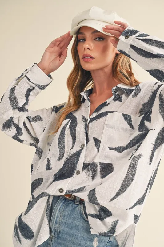 High-Low Printed Button Up Long Sleeve Shirt, image 3