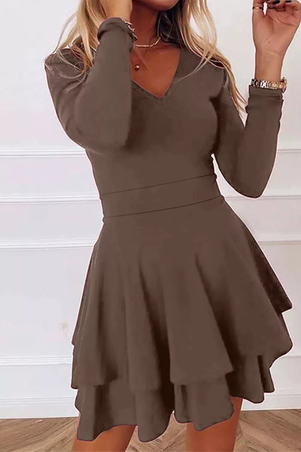Layered Long Sleeve V-Neck Mini Dress, image 4