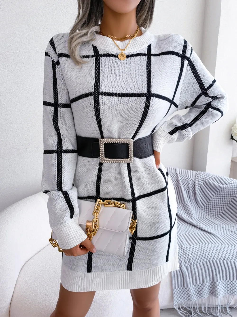 Plaid Round Neck Dropped Shoulder Sweater Dress, image 5