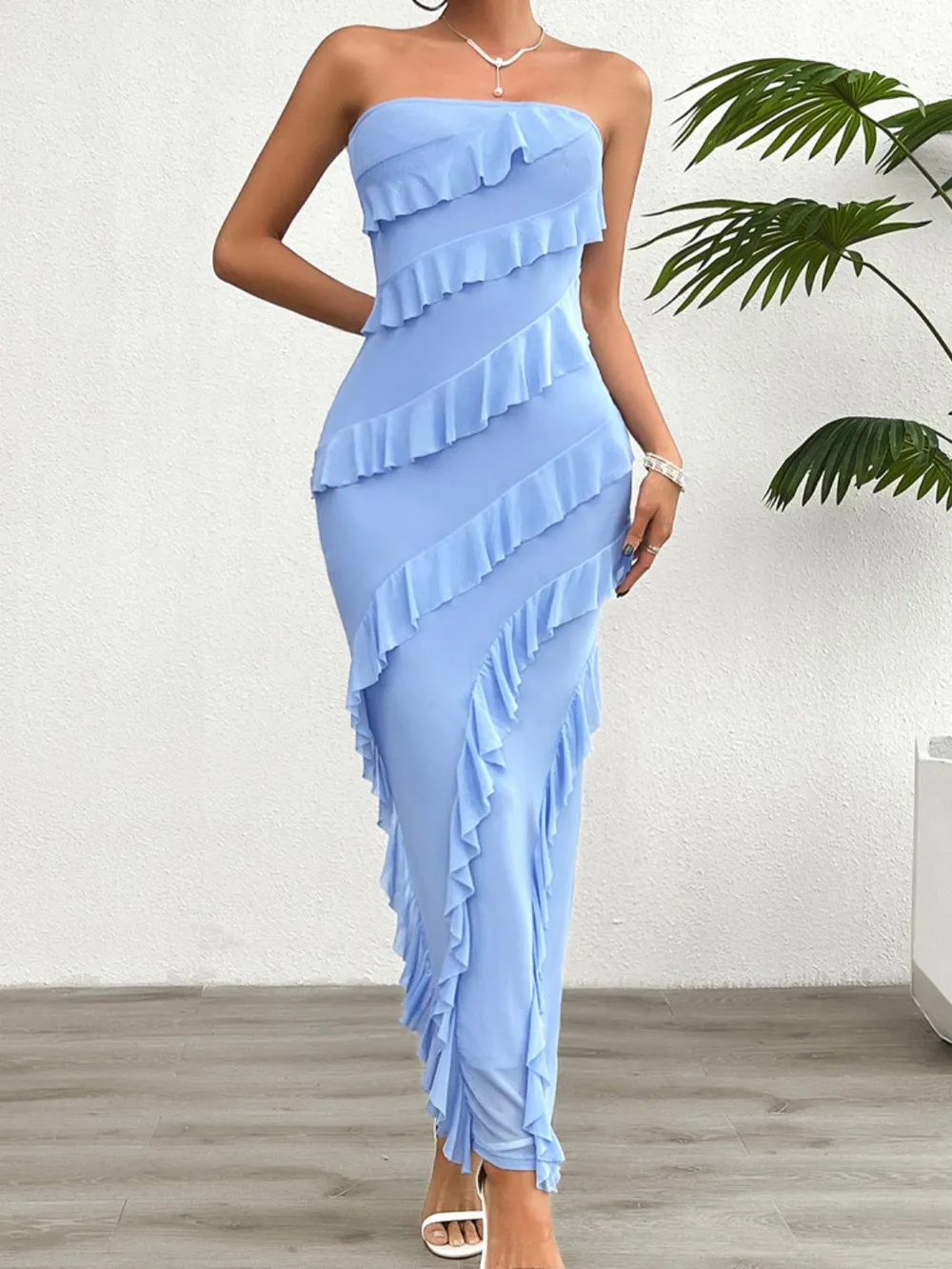 Ruffled Slit Back Tube Maxi Dress, image 16