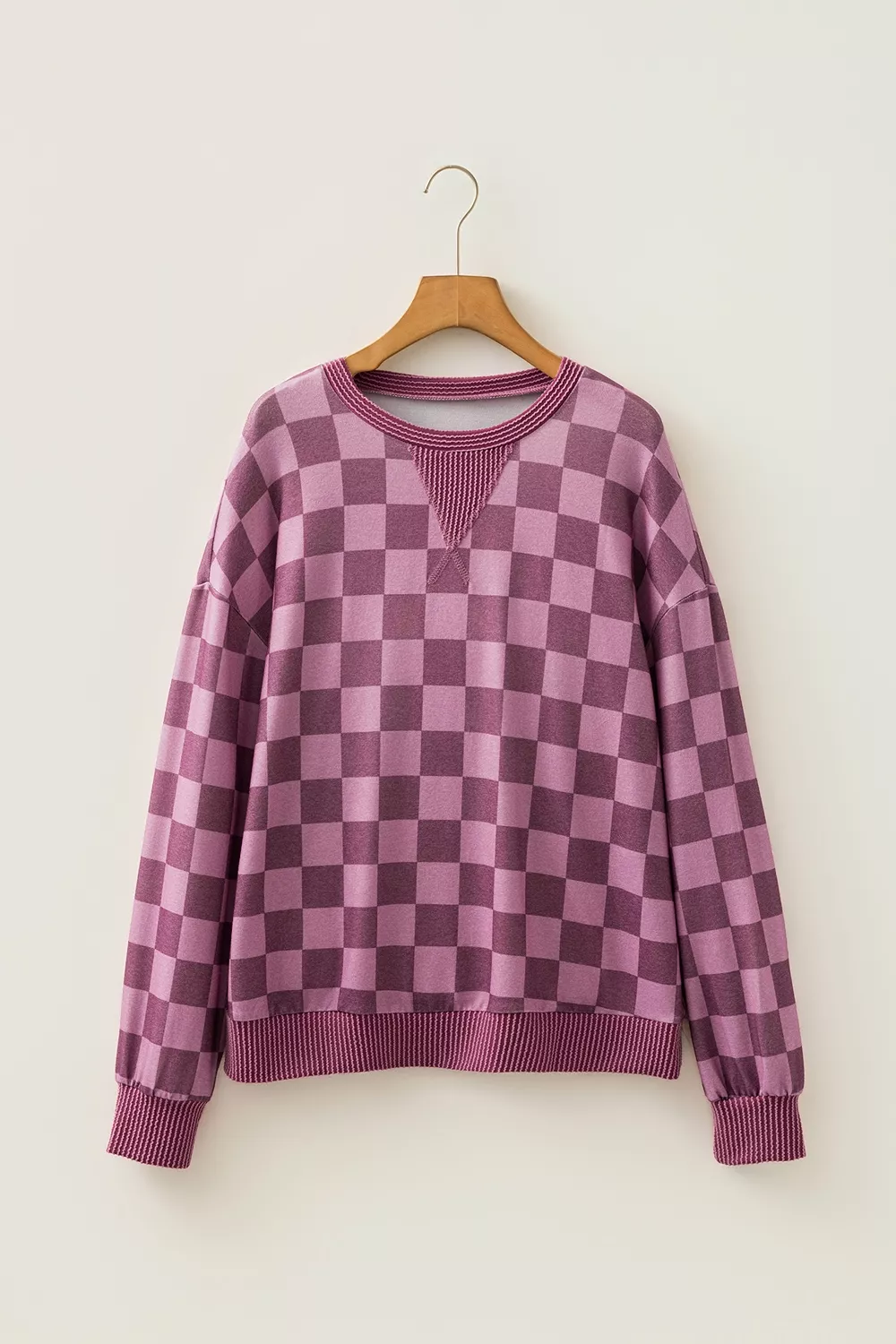 Ribbed Trim Checkered Print Long Sleeve Pullover Top, image 7