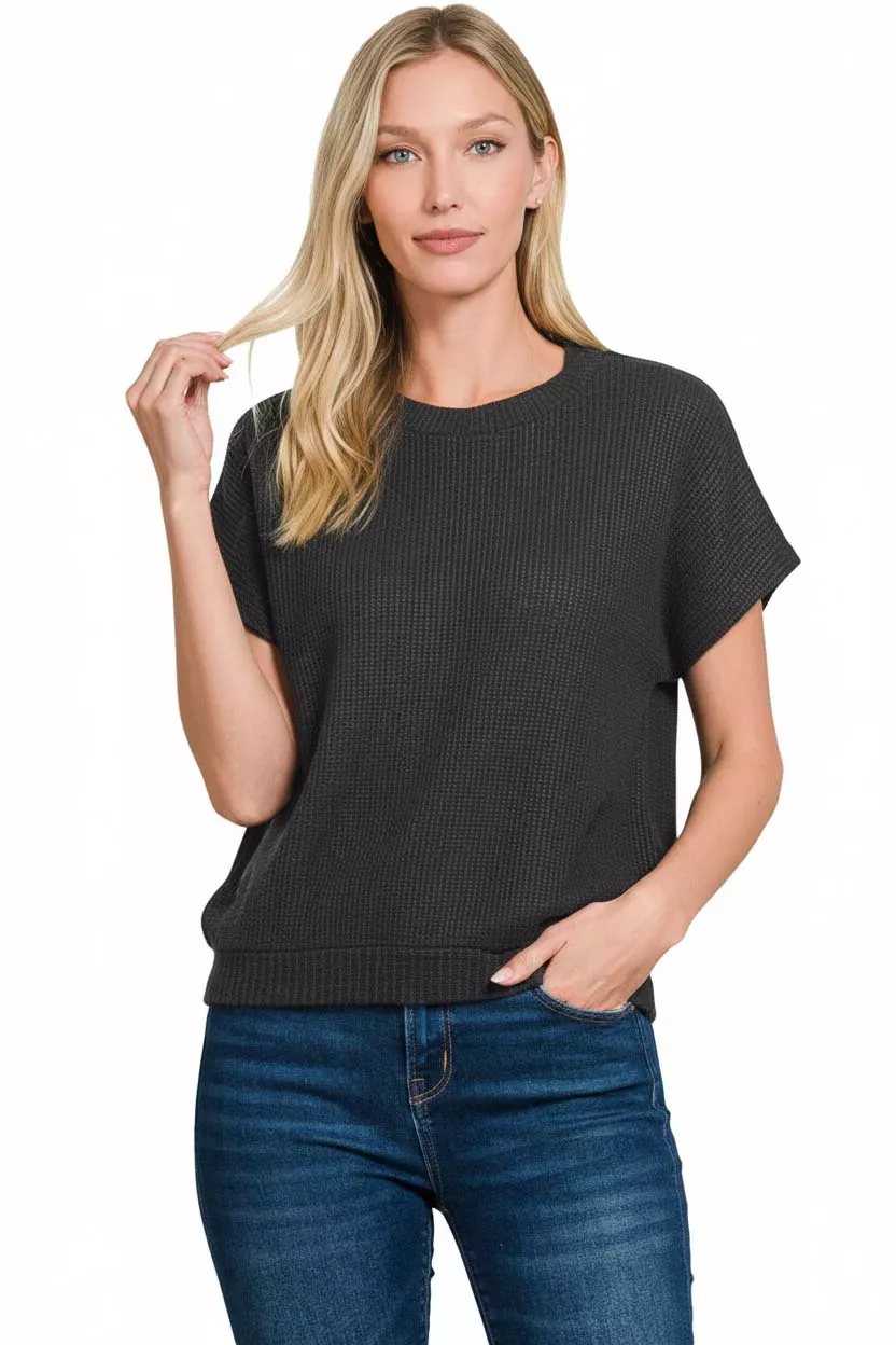 Round Neck Banded Botton Short Sleeve Sweater, image 3