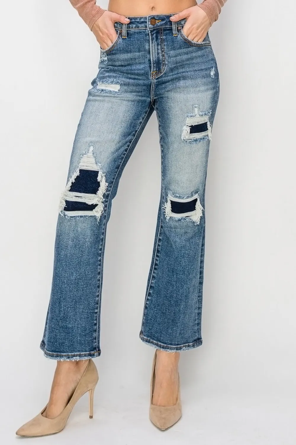 Full Size High Rise Distressed Ankle Flare Jeans, image 4