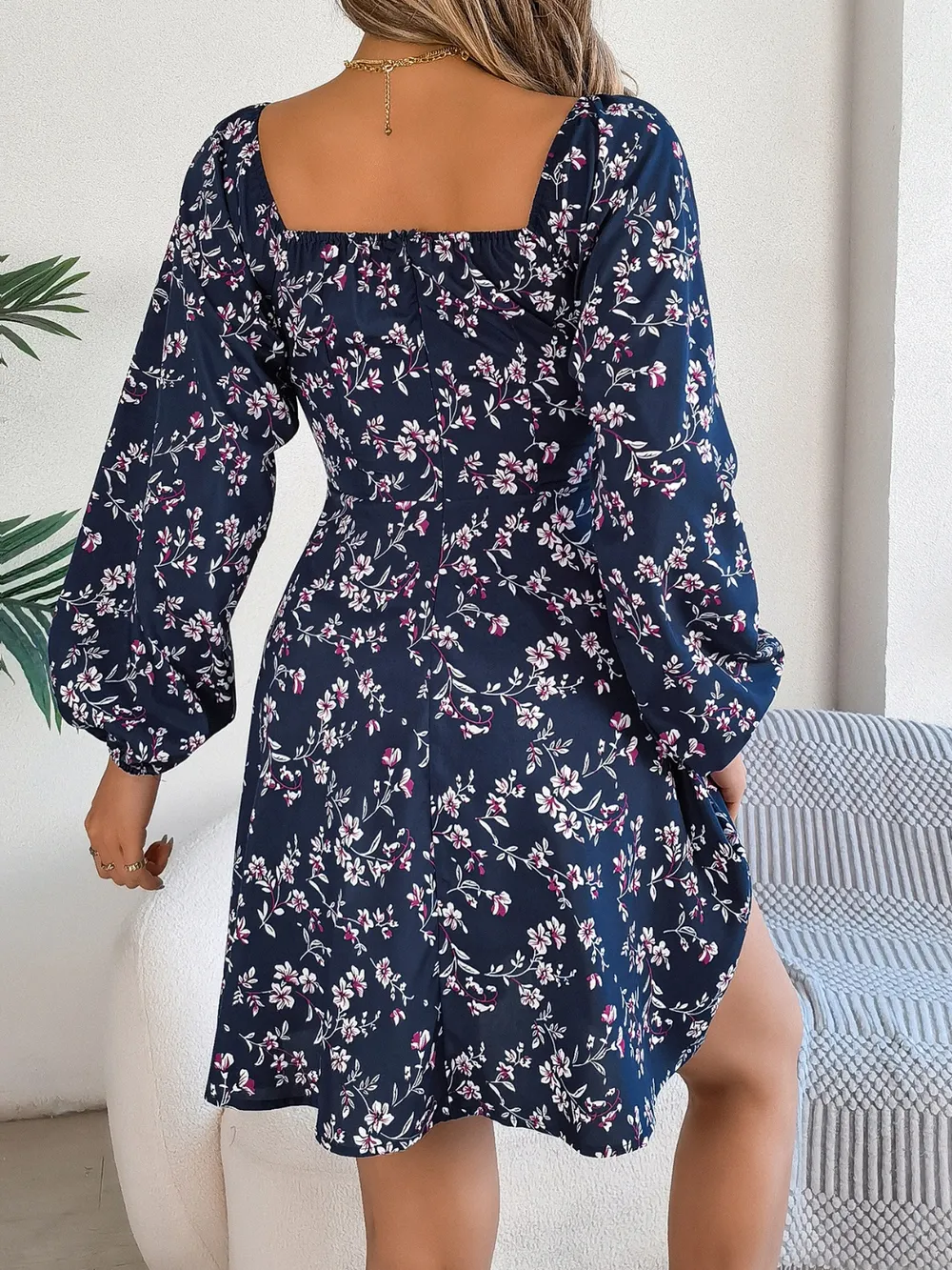 Printed Sweetheart Neck Balloon Sleeve Mini Dress, image 4
