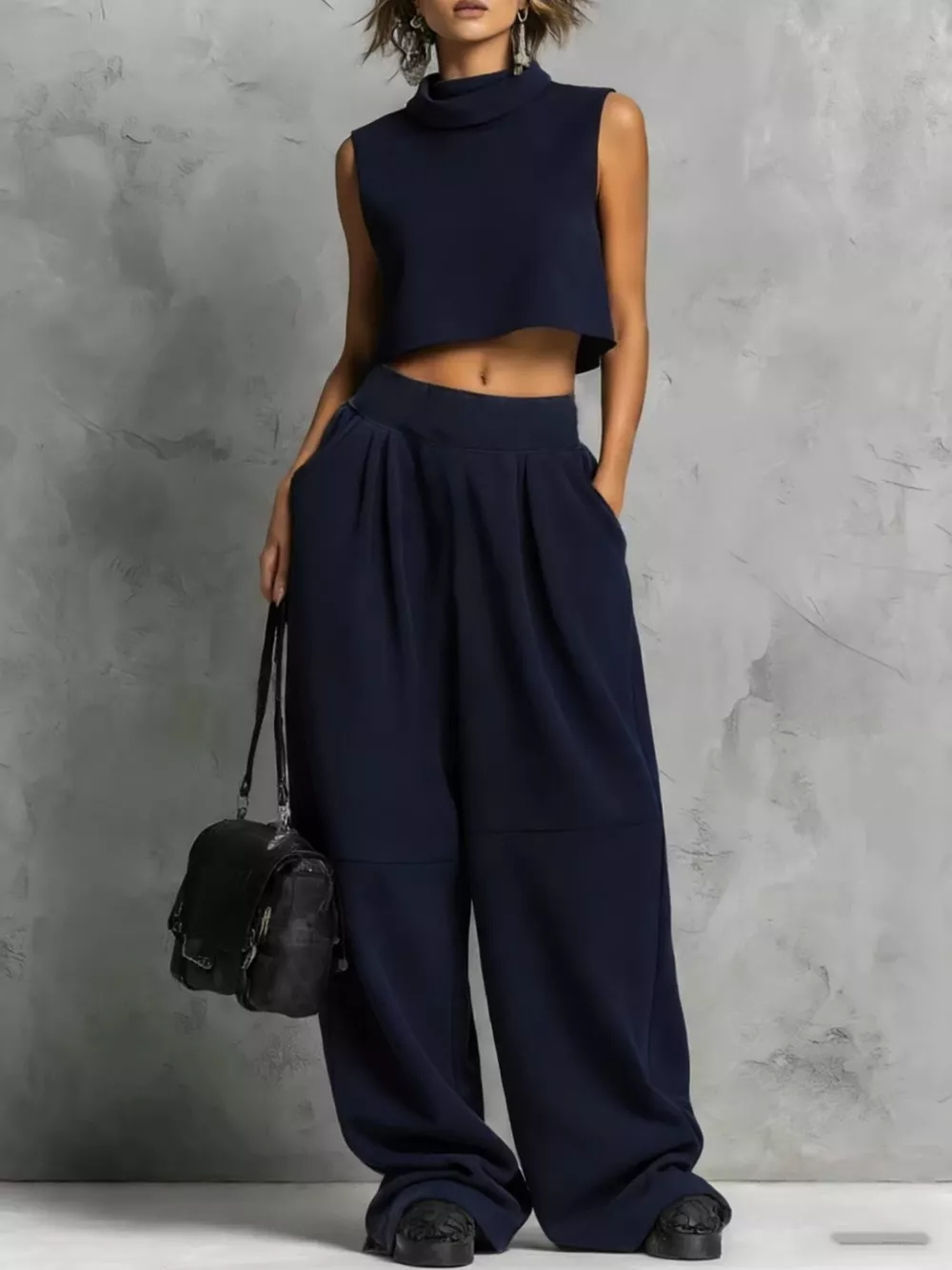 Sleeveless Mock Neck Crop Top and Wide-Leg Sweatpants Set, image 9