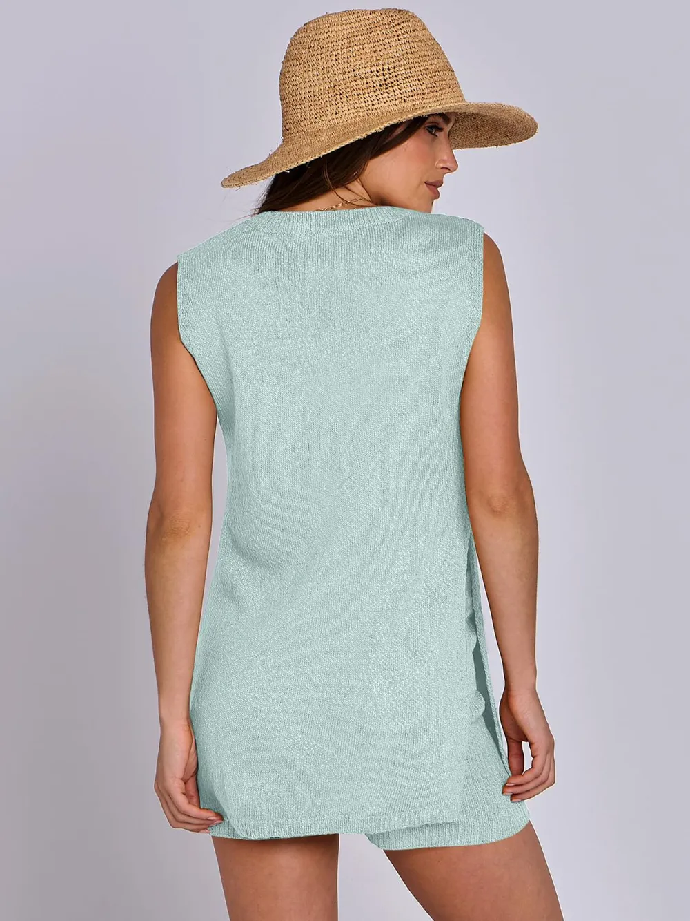 Side Slit Round Neck Tank and Ribbed Shorts Sweater Set, image 13