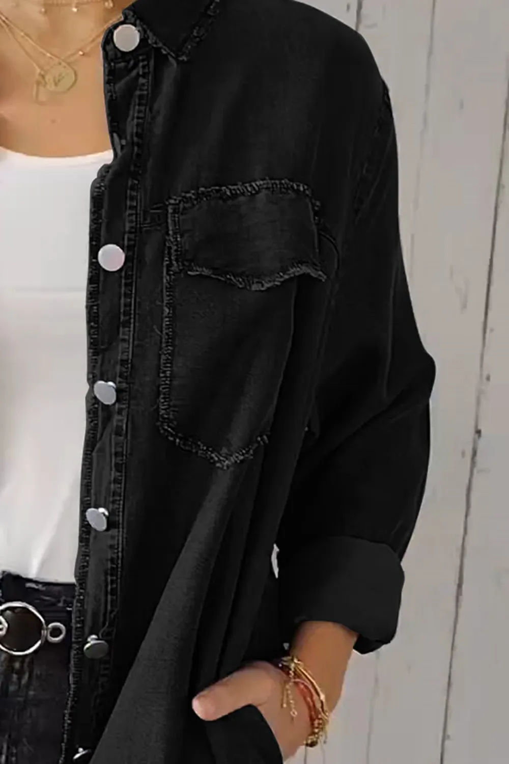 Full Size Pocketed Button Up Long Sleeve Denim Jacket, image 11