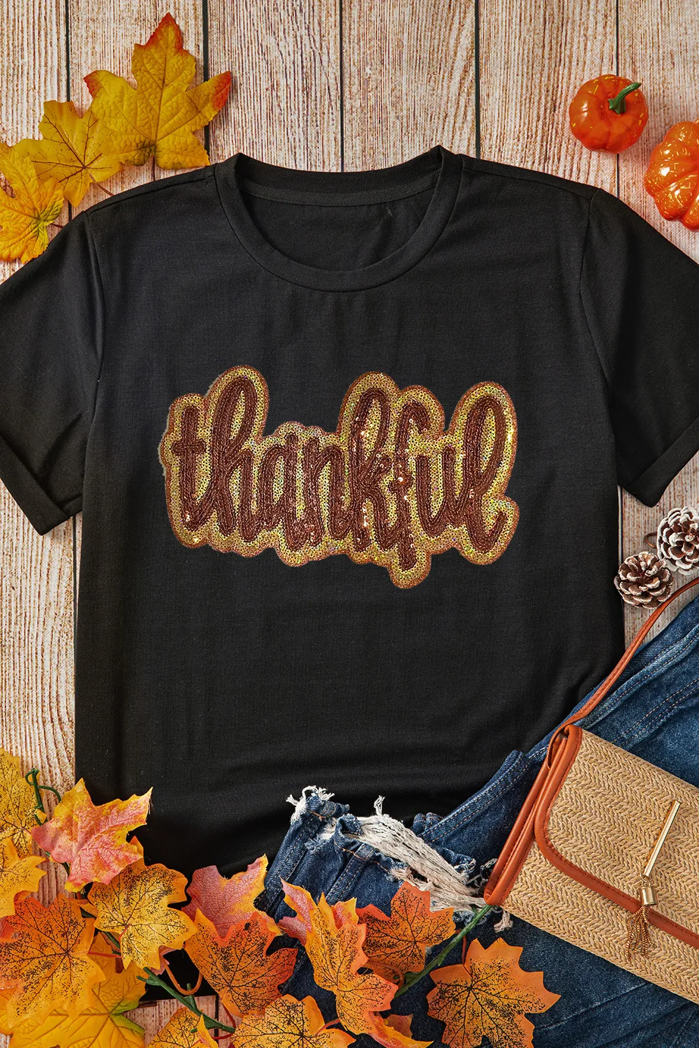 THANKFUL Sequin Round Neck Short Sleeve T-Shirt, image 3