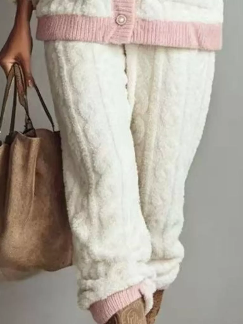 Peach Fleece Contrast Trim Top and Pants Lounge Set, image 3