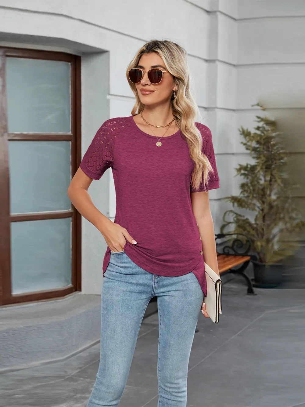 Round Neck Lace Short Sleeve T-Shirt, image 25