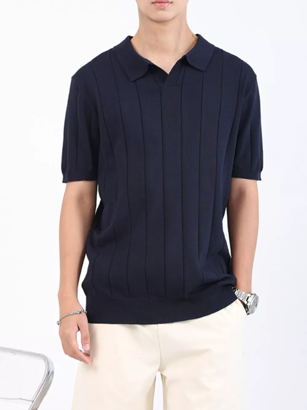 Men's Plus Size Ribbed Knit Short Sleeve Polo, image 2