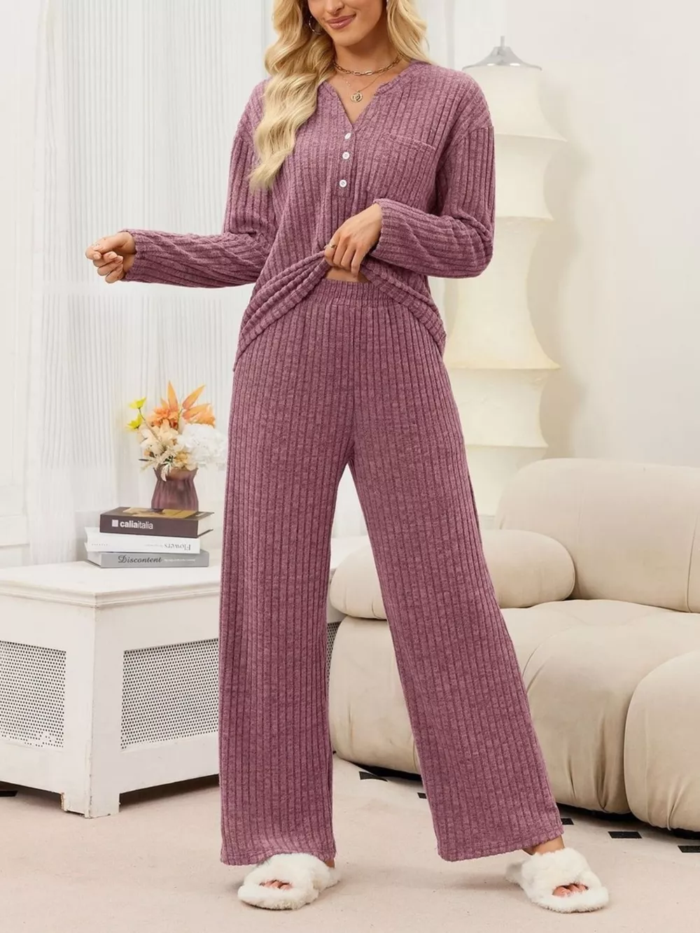 Ribbed Knit Top and Wide-Leg Pants Set, image 18