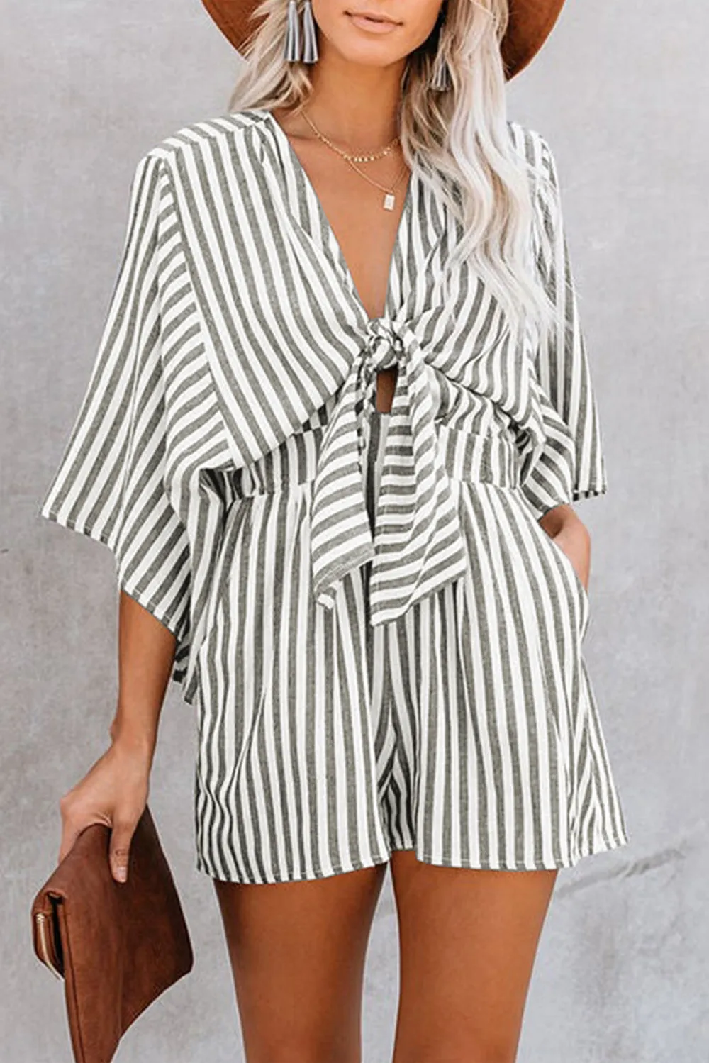 Bow Striped Kimono Sleeve Romper, image 15