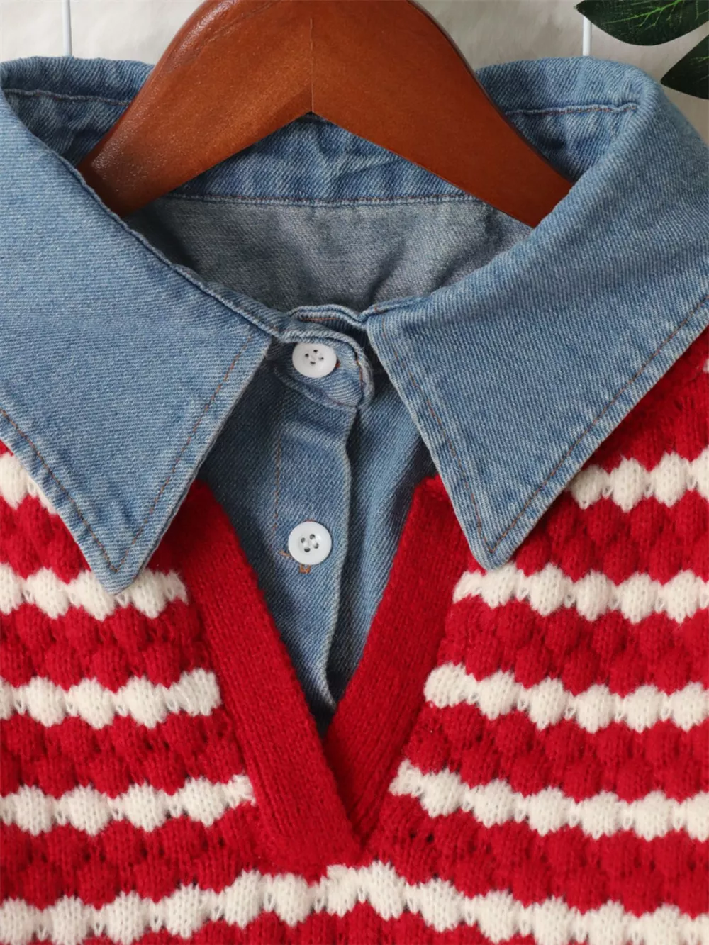 Contrast Striped Sweater with Denim Collar, image 13
