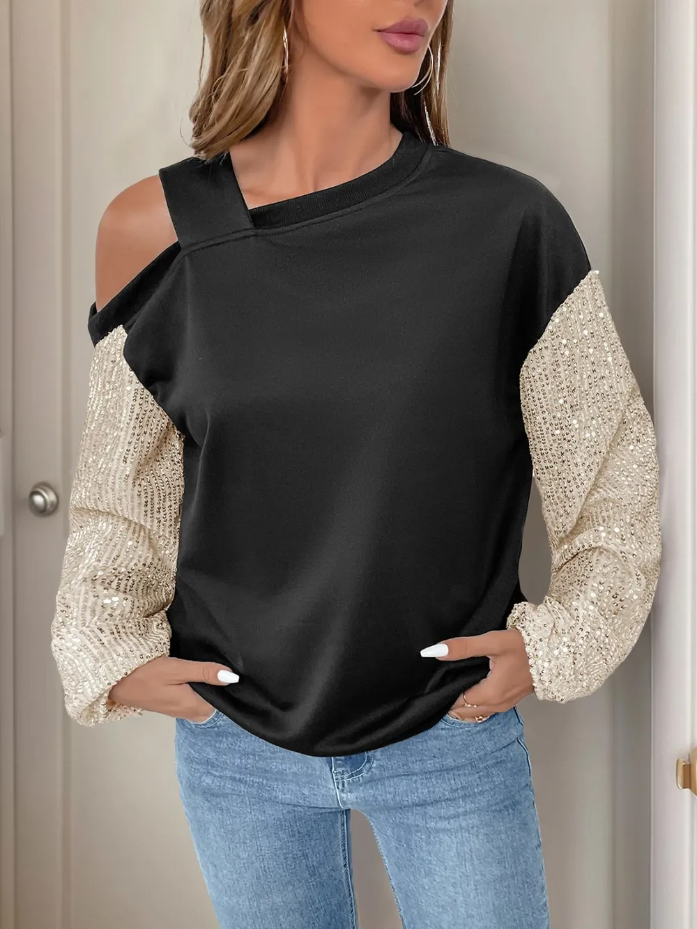 Sequin Asymmetrical Neck Long Sleeve Sweatshirt, image 5