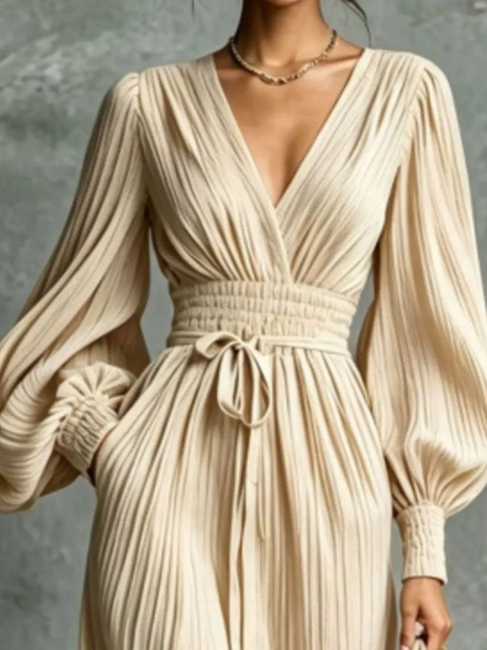 Elegant Pleated V-Neck Maxi Dress with Lantern Sleeves and Tie-Waist, image 2