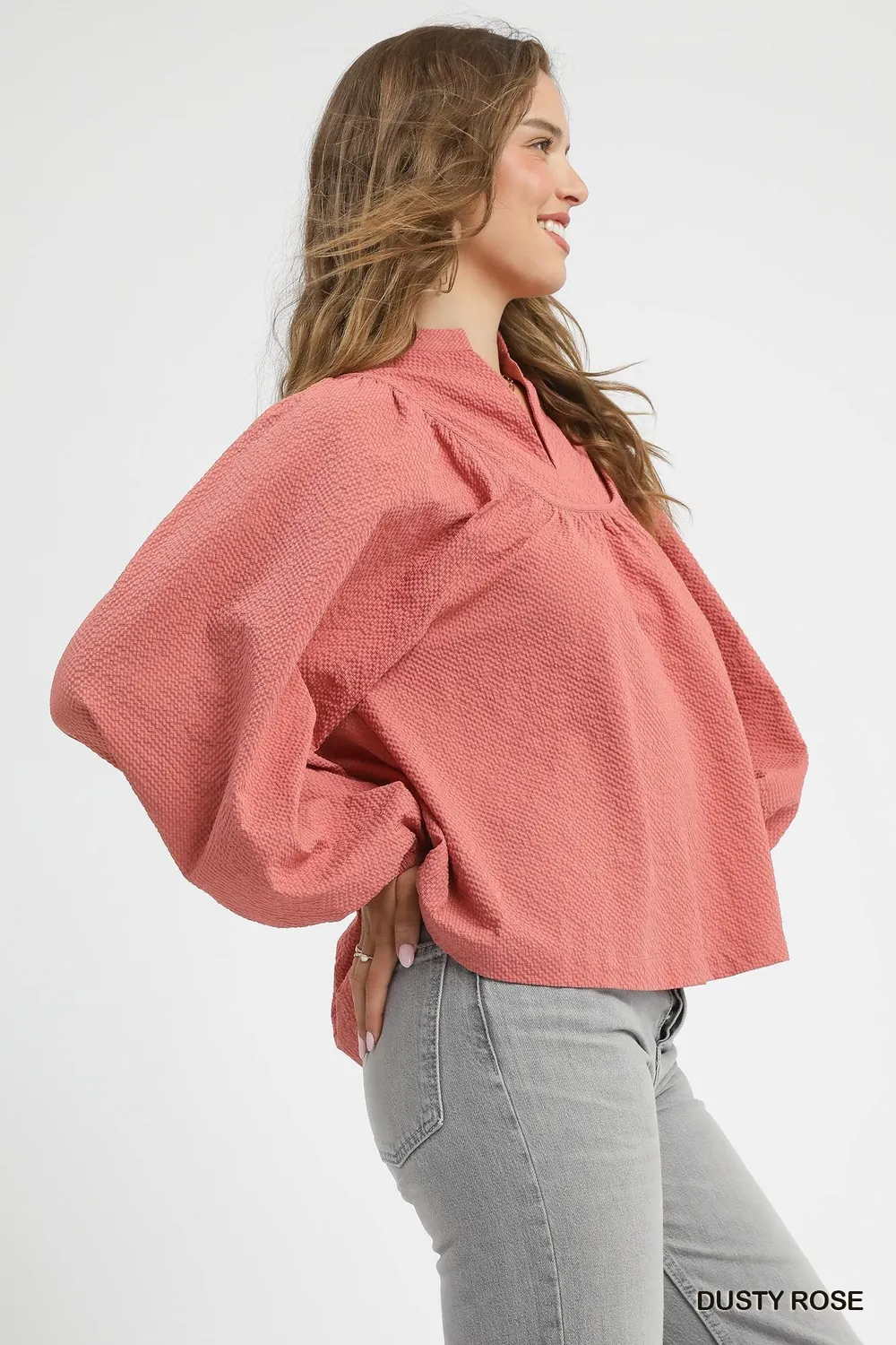 Textured Notched Blouse with Balloon Sleeves, image 4