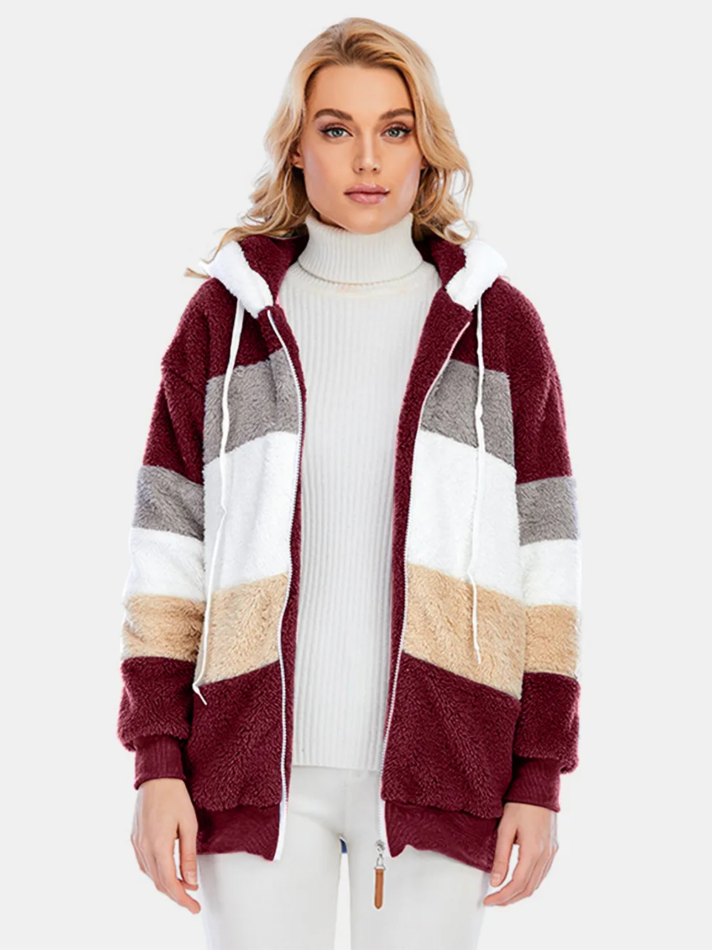 Full Size Drawstring Color Block Zip Up Hooded Outerwear, image 27