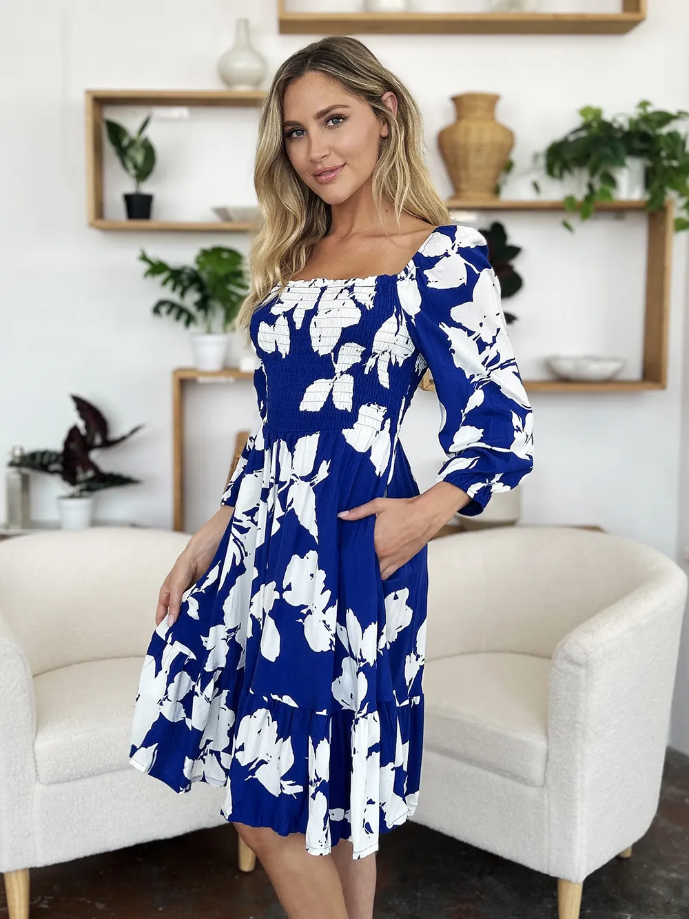 Full Size Floral Ruffle Hem Smocked Dress with Pockets, image 20