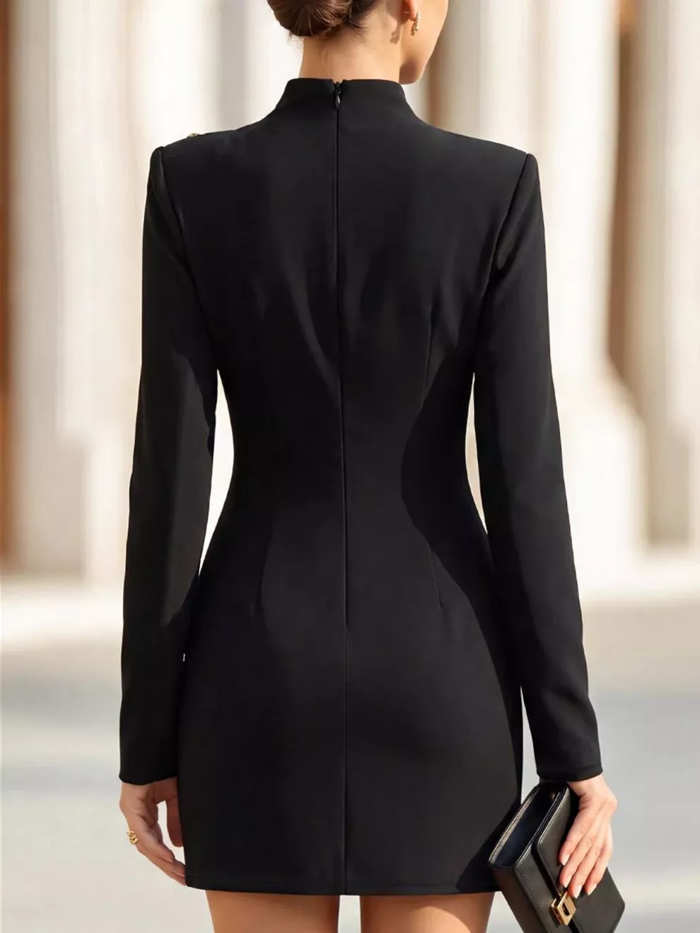 Mock Neck Long-Sleeve Bodycon Dress with Gold-Tone Button Detailing, image 5