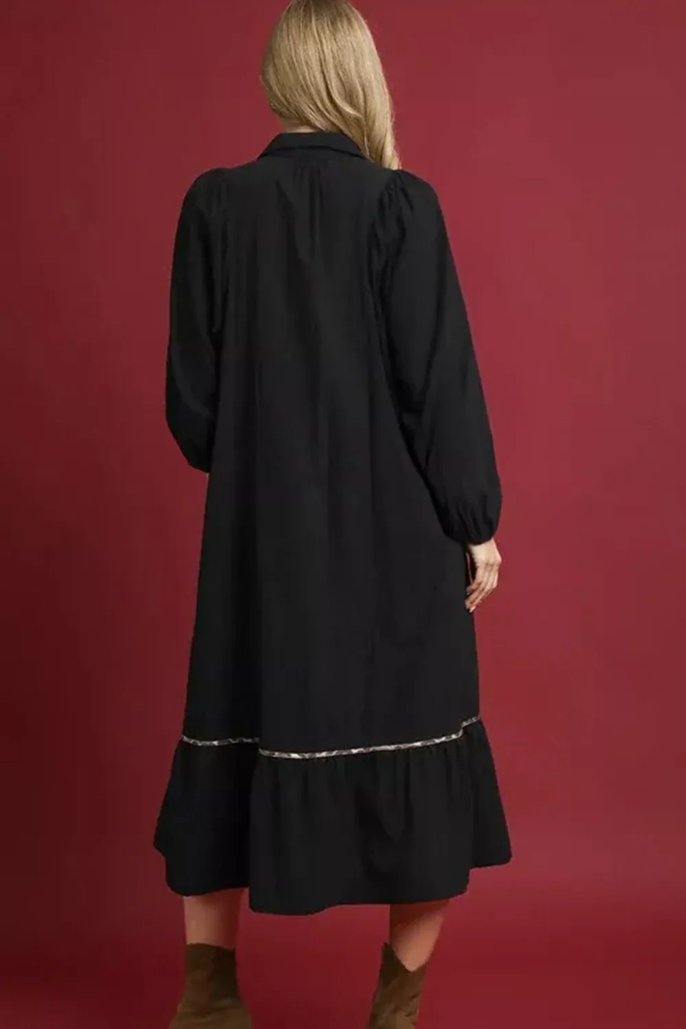 Collared V Neck Smocked Detail Contrast Leopard Trim Dress, image 11