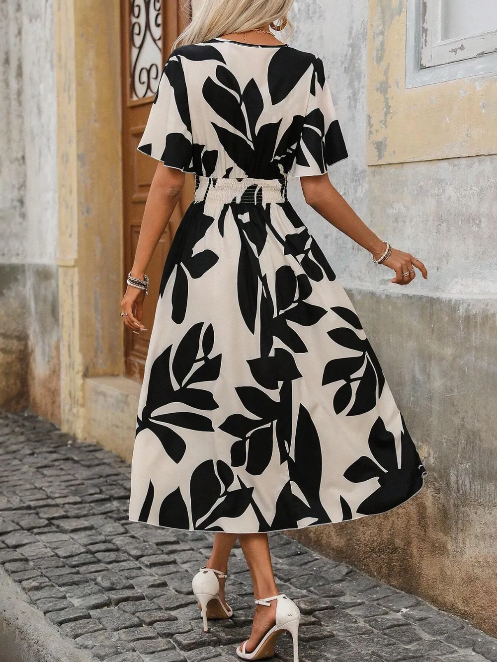 Printed Surplice Short Sleeve Midi Dress, image 4