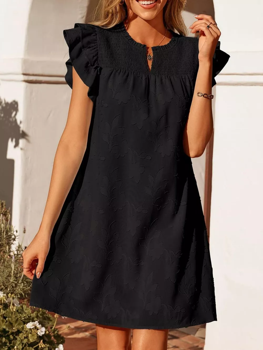 Floral Embossed Ruffle Sleeve Mini Dress, image 8