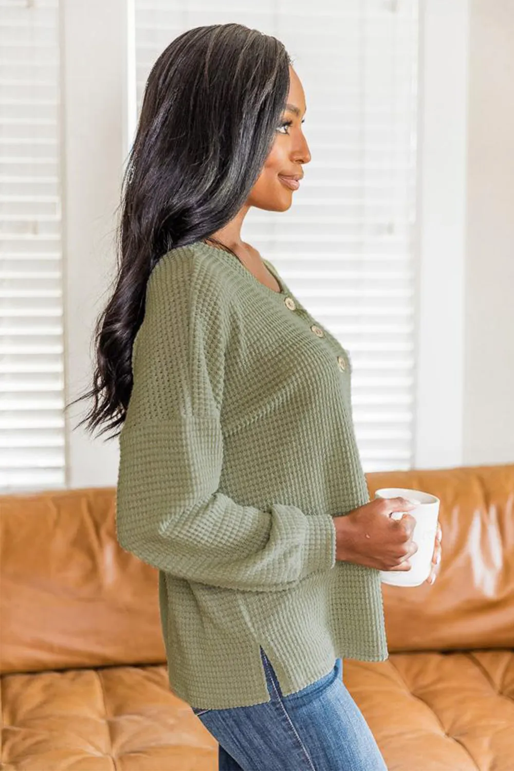 Slit Waffle Knit Long Sleeve T-Shirt, image 9