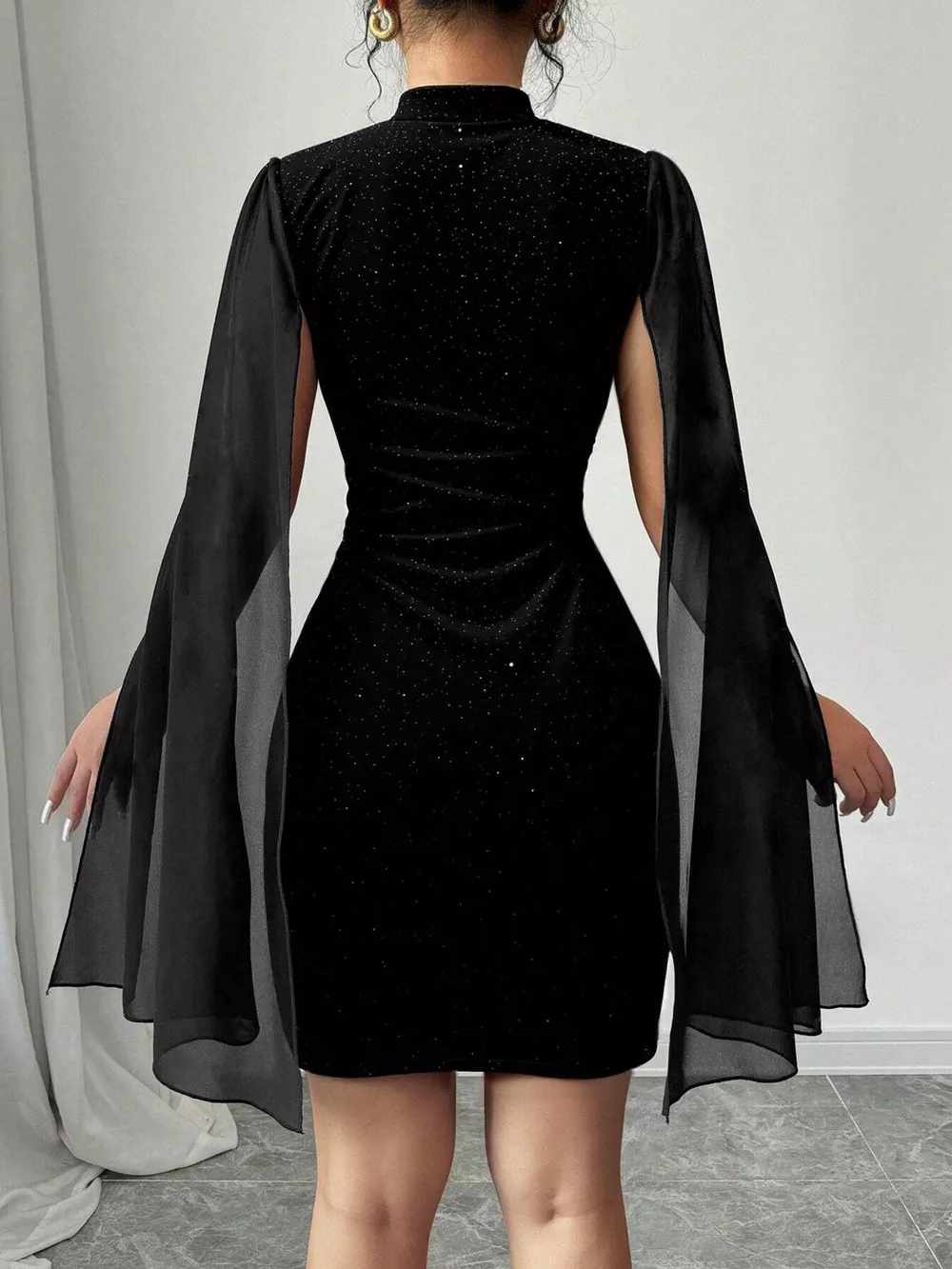 Glitter Mesh Slit Sleeve Bodycon Mini Dress, image 5